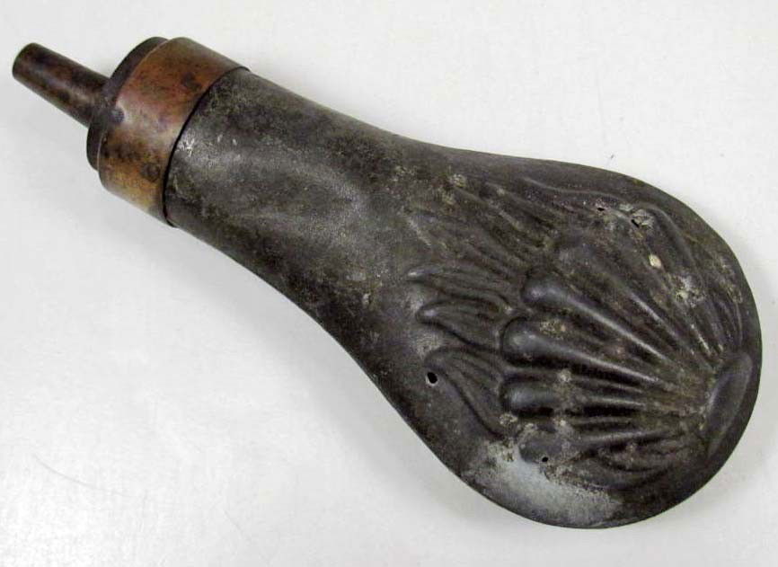 OLD WEST COWBOY ERA COLD POCKET MODEL GUN POWDER FL: Approx. 2.15" by 4.5". Has some small pin holes. Pot metal and brass construction.