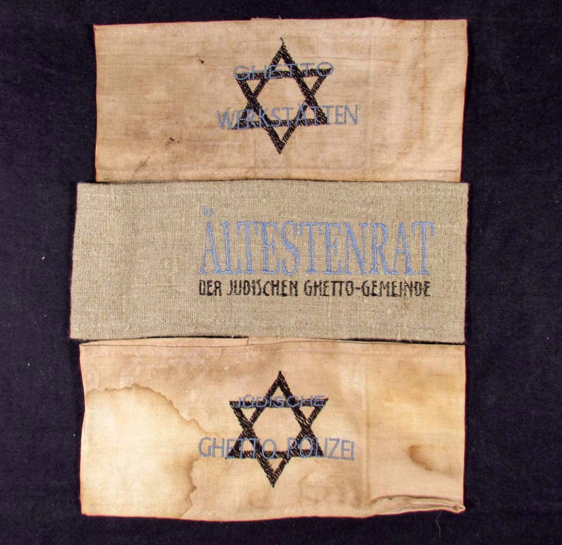 LOT OF 3 GHETTO ARM BANDS: Jewish Ghetto Elder, Jewish Ghetto Policeman and Ghetto Worker