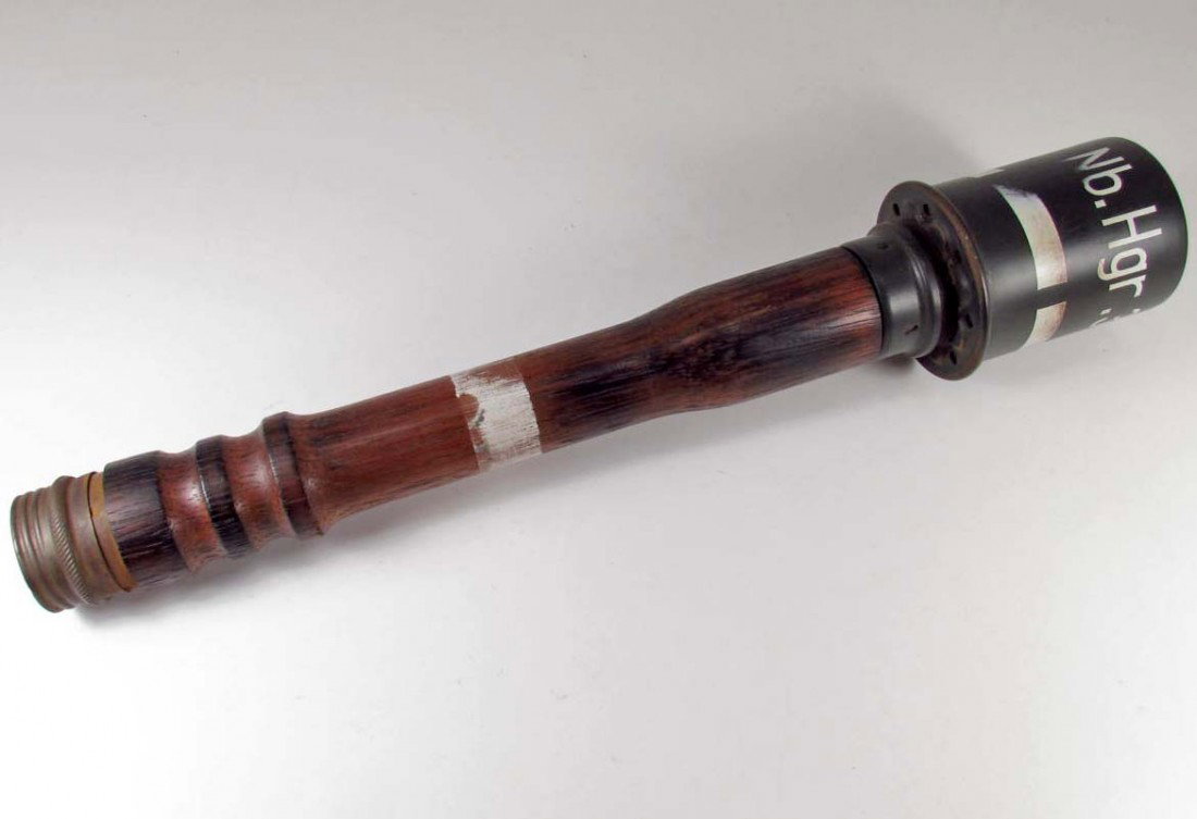 RARE GERMAN NAZI POTATO MASHER SMOKE STICK GRENADE: Approx. 14" long overall. The handle is maker marked R aqj 1939. The wood handle & the head are both dated 1939. Includes the porcelain in the bottom of the handle. The metal head is marked Nb. Hgr. 3