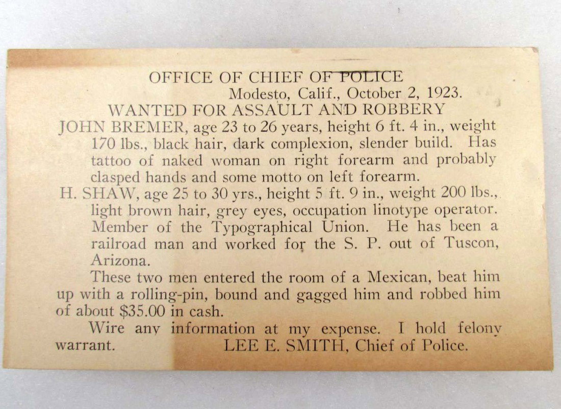 1923 WANTED POSTCARD - ASSAULT AND ROBBERY: 2 men wanted for entering the room of a Mexican, beating him with a rolling-pin, bound and gagged him and robbed him of about $35.00.
