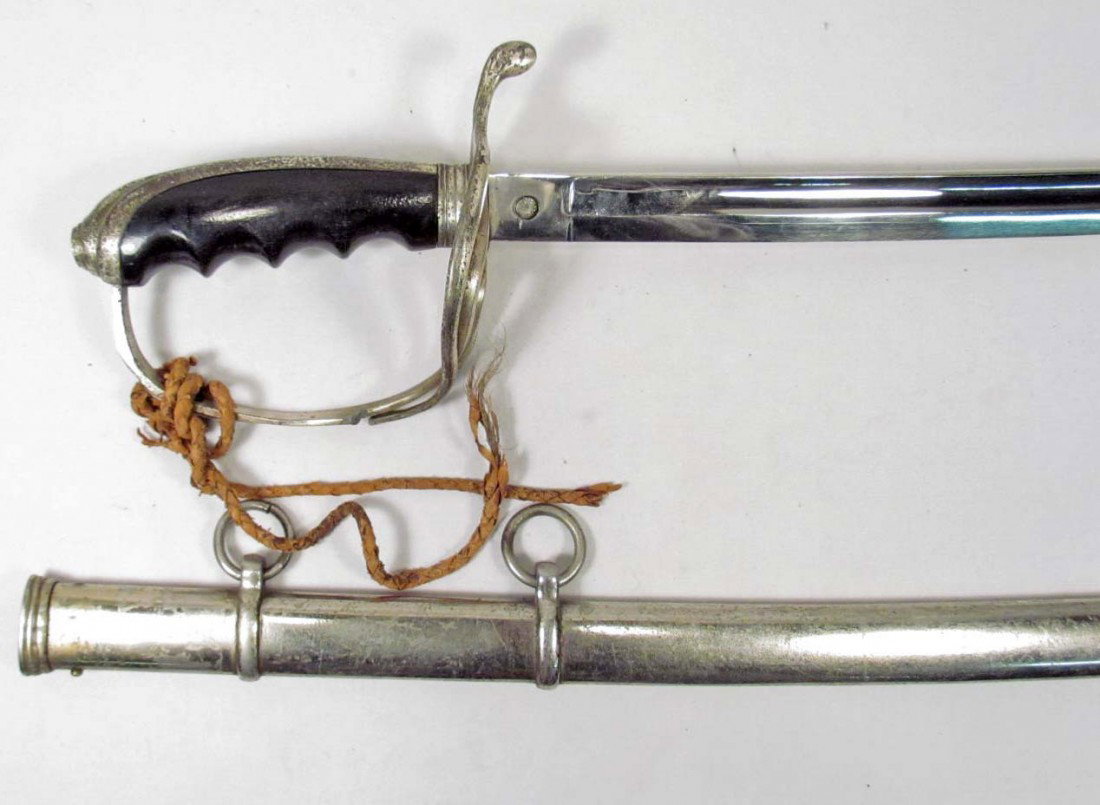 US WW2 ARMY 1902 PATTERN OFFICERS SWORD W/ SCABBARD: Approx. 40" long overall. Blade is maker marked Weyersberg Kirschbaum & C Proved. Has the King and Knight head logo above. Includes a partial leather sword knot.