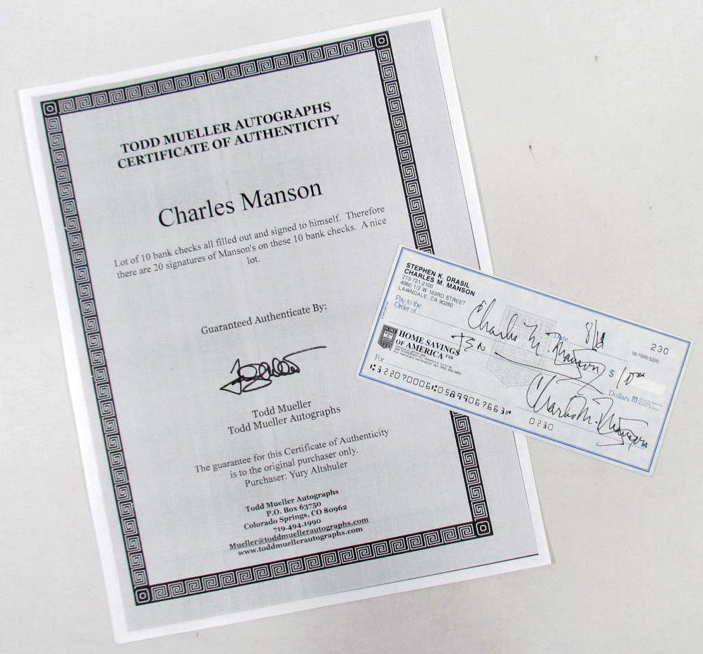 CHARLES MANSON SIGNED CHECK W/ COA: Check written to and signed by Charles Manson w/ COA From Todd Mueller Autographs.
