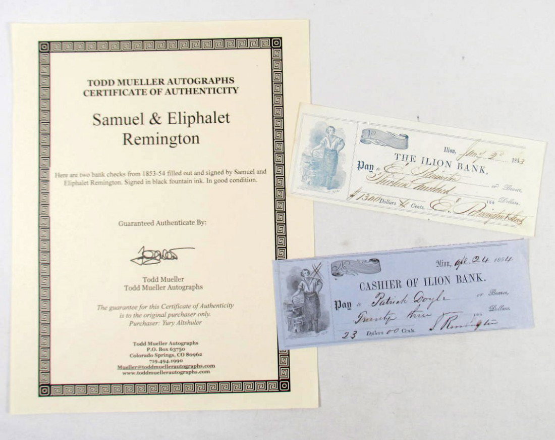 2 SIGNED CHECKS OF THE REMINGTON BROTHERS W/ COA: 2 blank checks from 1953-54 signed by Samuel and Eliphalet Remington w/ COA from Todd Mueller Autographs.