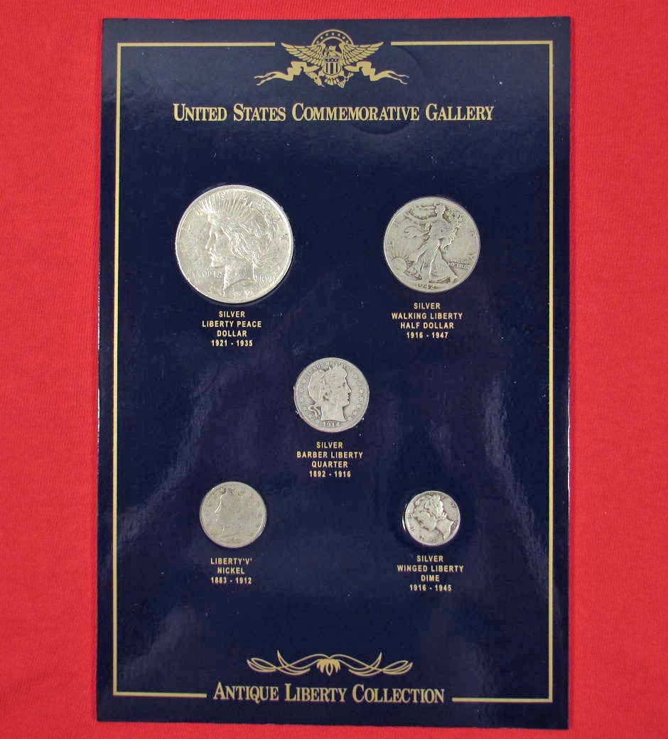 SET OF US ANTIQUE LIBERTY COIN COLLECTION IN DISPL: 1922-P Peace Silver Dollar, 1942-P Walking Liberty Half Dollar, 1914-P Barber Quarter, 1911 Liberty V Nickel and 1942 Mercury Dime