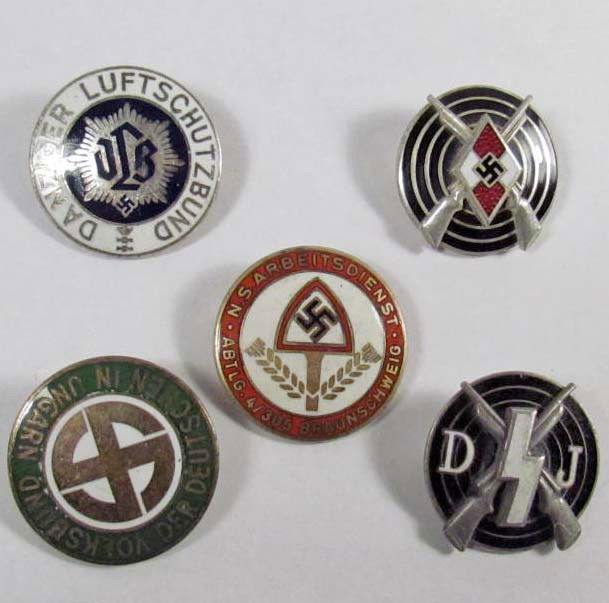 LOT OF 5 GERMAN NAZI ENAMELED BADGES: Includes 2 Hitler Youth Shooting Awards, RAD, Luftshutz RLB, Hungarian. All are RZM marked and have pinbacks
