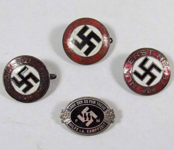 LOT OF 4 GERMAN NAZI ENAMELED PARTY BADGES: National Socialististische D A P, Nun Erst Recht, SS FM, Deutschland d Erwacht 1933. All are RZM maker marked and have pins on the back. Enameled construction
