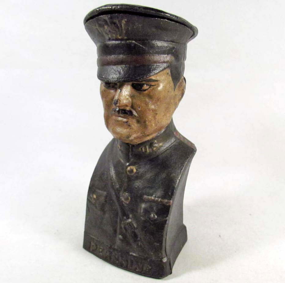 US WW1 GENERAL JOHN J BLACKJACK PERSHING COIN PIGG: Approx. 7.75" tall by 3.5" wide. 2 piece cast iron construction.