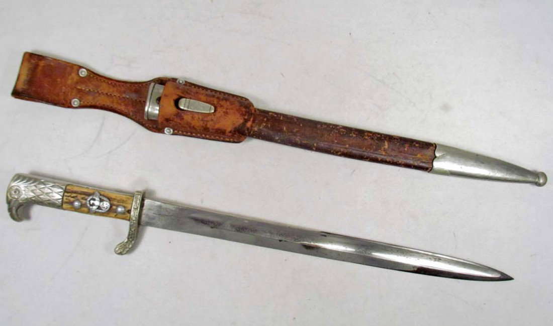 SCARCE - GERMAN NAZI POLICE DRESS BAYONET AND SCABB: Measures 18 3/4" long overall. Has a pair of stag antler handles. The blade is maker marked Alexander Coppel ACS Solingen. Has the weights & measures logo in the center. . Has matching numbers on the 
