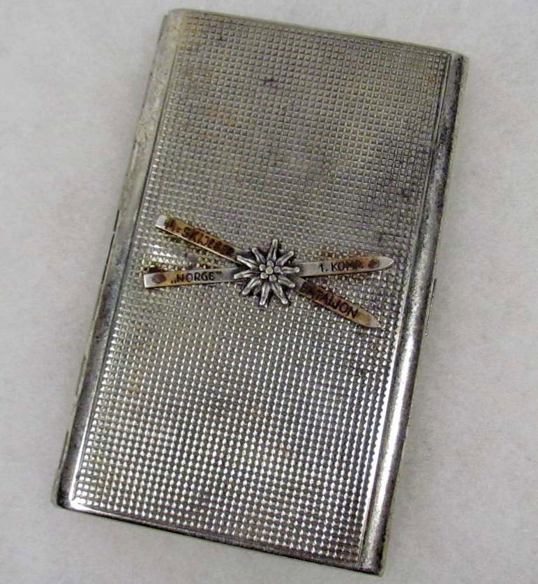 GERMAN NAZI SS ENGRAVED CIGARETTE HOLDER: Engraved on the cover SS-SKIJEGER 1. KOMP "NORGE" BATAIJON. Engraved on the inside 24.12.1942 m. BRUNO