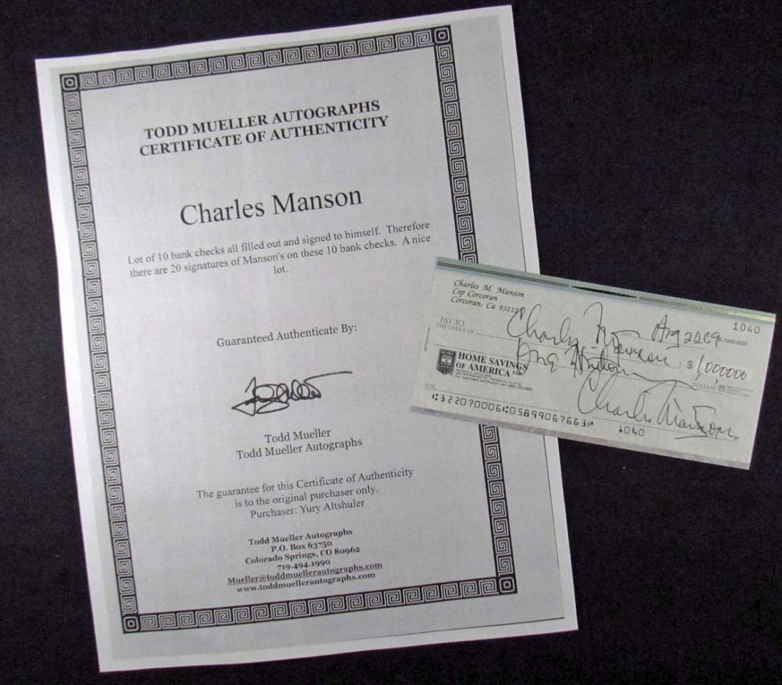 CHARLES MANSON HANDWRITTEN CHECK W/ 2 SIGNATURES: Check written out to himself for $1,000,000.00 and signed by him. Also comes w/ copy of COA from Todd Mueller Autographs.