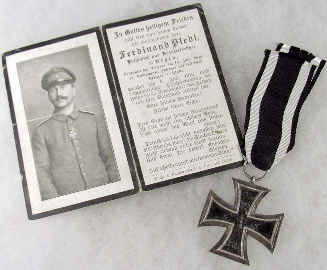 IMPERIAL GERMAN 2ND CLASS IRON CROSS WITH SOLDIER : The cross is three piece construction with an iron magnetic center. Includes the issue ribbon. The death notice is for Ferdinand Bledl wearing his IC. The fold out has two religious pictures on the re
