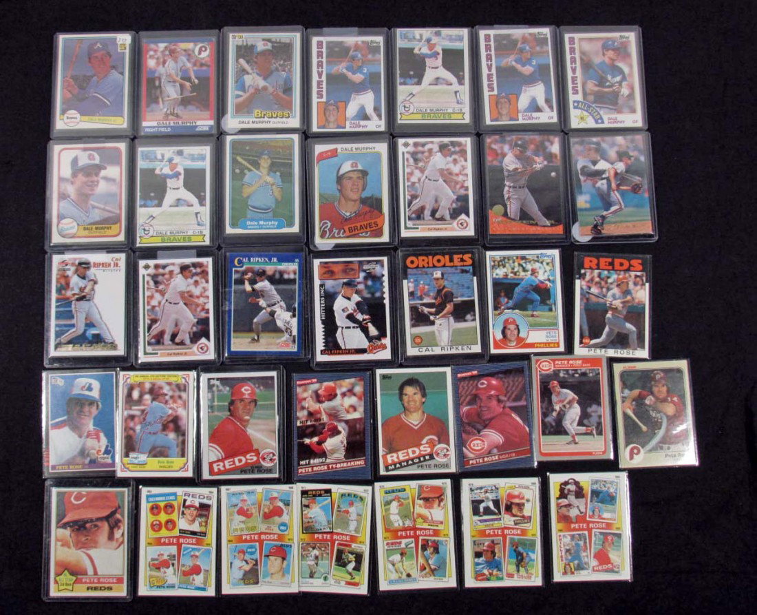 LOT OF APPROX. 36 BASEBALL CARDS: Incl. Dale Murphy, Cal Ripken Jr, Pete Rose, More! 3 from 1970's, 25 from 1980's, 8 from 1990's. 11 are Topps, 3 duplicates. All cards are NM or better