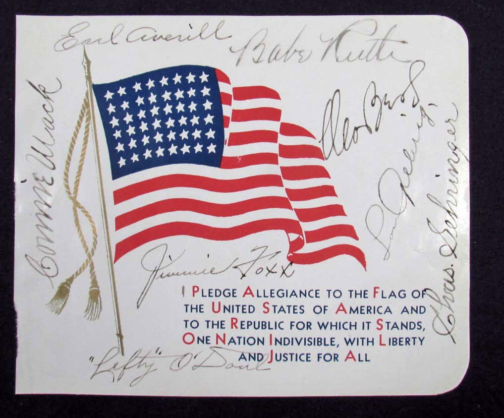 EIGHT BASEBALL ALL STARS AUTOGRAPHS INCL. BABE RUTH: Album page of the Pledge of Allegiance is signed by 8 All Stars that toured Japan in 1934. Signatures include Babe Ruth, Earl Averill, Connie Mack, Jimmie Foxx, Left O'Doul, Moe Berg, Lou Gehrig and C