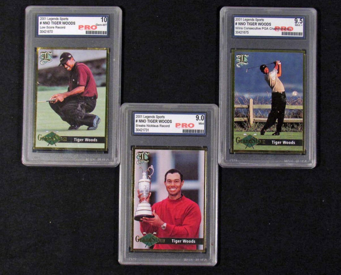 LOT OF 3 2001 LEGENDS SPORTS TIGER WOODS GOLF CARDS: Breaks Nicklaus Record - Mint 9, Wins Consecutive PGA Championships (Mint+ 9.5), Low Score Record (Gem Mint 10)
