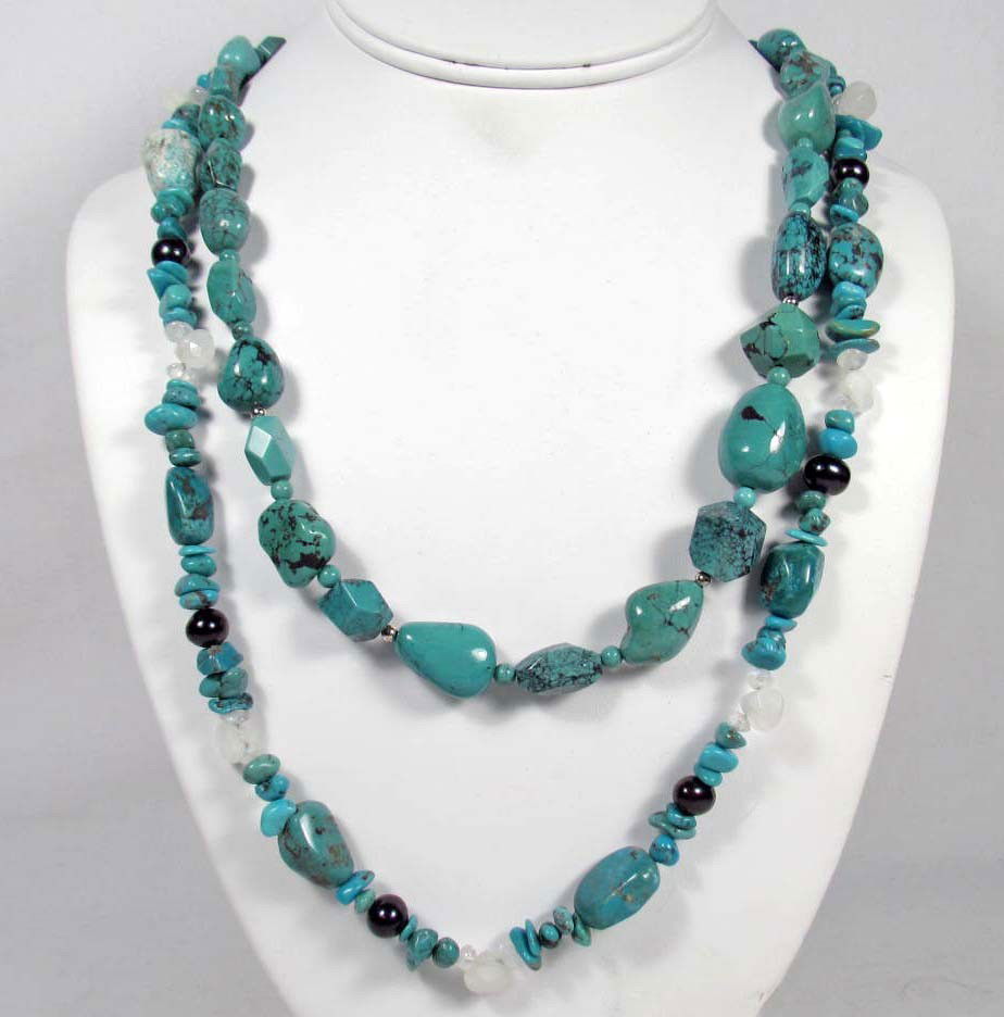 LOT OF 2 TURQUOISE ESTATE JEWELRY NECKLACES W/ STER: Necklaces have Turquoise, Black Pearl, Moonstone and Quartz.