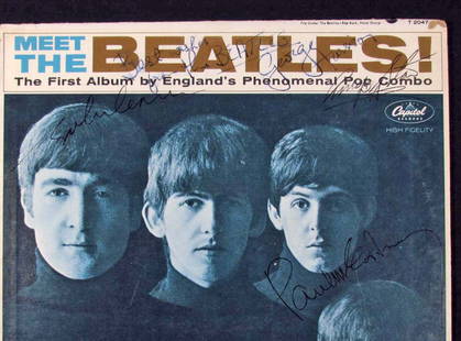 VINTAGE BEATLES ALBUM AUTOGRAPHED BY ALL 4: "Meet The Beatles" album cover is signed and inscribed "Best Wishes from the Beatles" by George Harrison. Also signed on the front cover by Ringo Starr, John Lennon and Paul McCartney. George Harrison