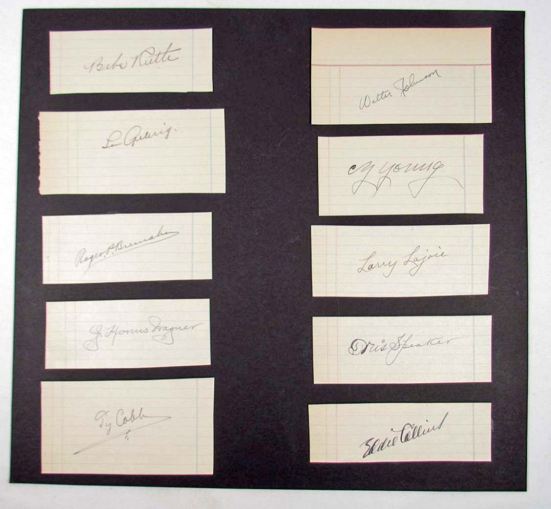 10 CUT SIGNATURES OF FAMOUS BASEBALL PLAYERS - BAB: Mounted cut signatures of Babe Ruth, Lou Gehrig, Roger Bresnahan, Honus Wagner, Ty Cobb, Walter Johnson, Cy Young, Larry Lajoie, Tris Speaker and Eddie Collins are penned in black ink and come w/ COA