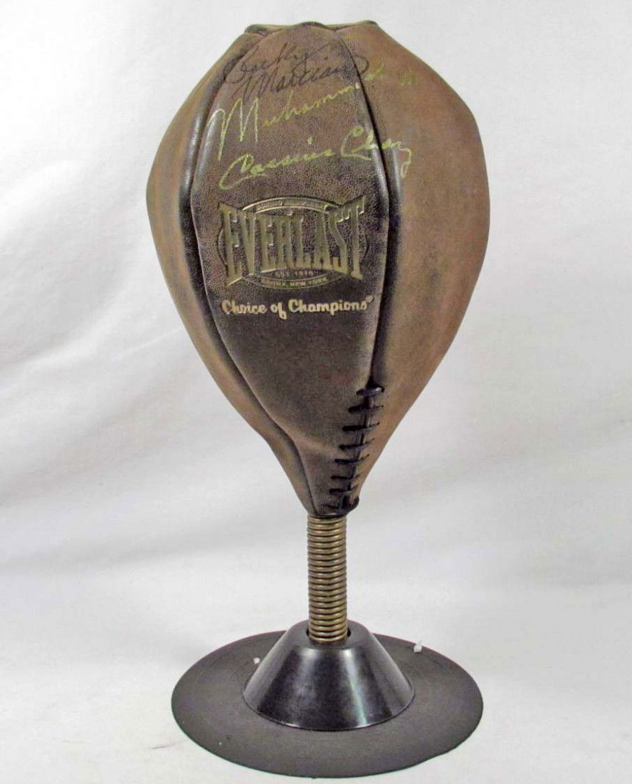 VINTAGE AUTOGRAPHED EVERLAST PUNCHING BAG - ROCKY: COA From Ace Autograph Certification. Speed bag is signed by Rocky Marciano in black ink. Muhammad Ali / Cassius Clay signed in gold pen. Ali's signature is newer than the Marciano signature. Rocky Ma