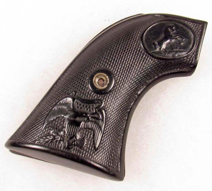 VINTAGE PAIR OF COLT SINGLE ACTION ARMY 1ST GENERA: Approx. 2 1/8" by 3". These are the hard rubber version w/ the Colt emblem at the to and the Eagle at the base.
