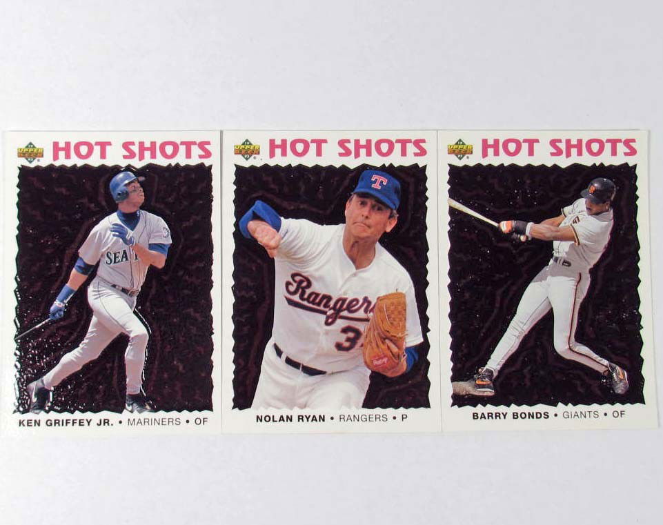 454 - LOT OF 3 - 1993 UPPER DECK HOT SHOTS STAR -: #11 Barry Bonds, #18 Nolan Ryan, #16 Ken Griffey Jr. NRMT/MT condition.