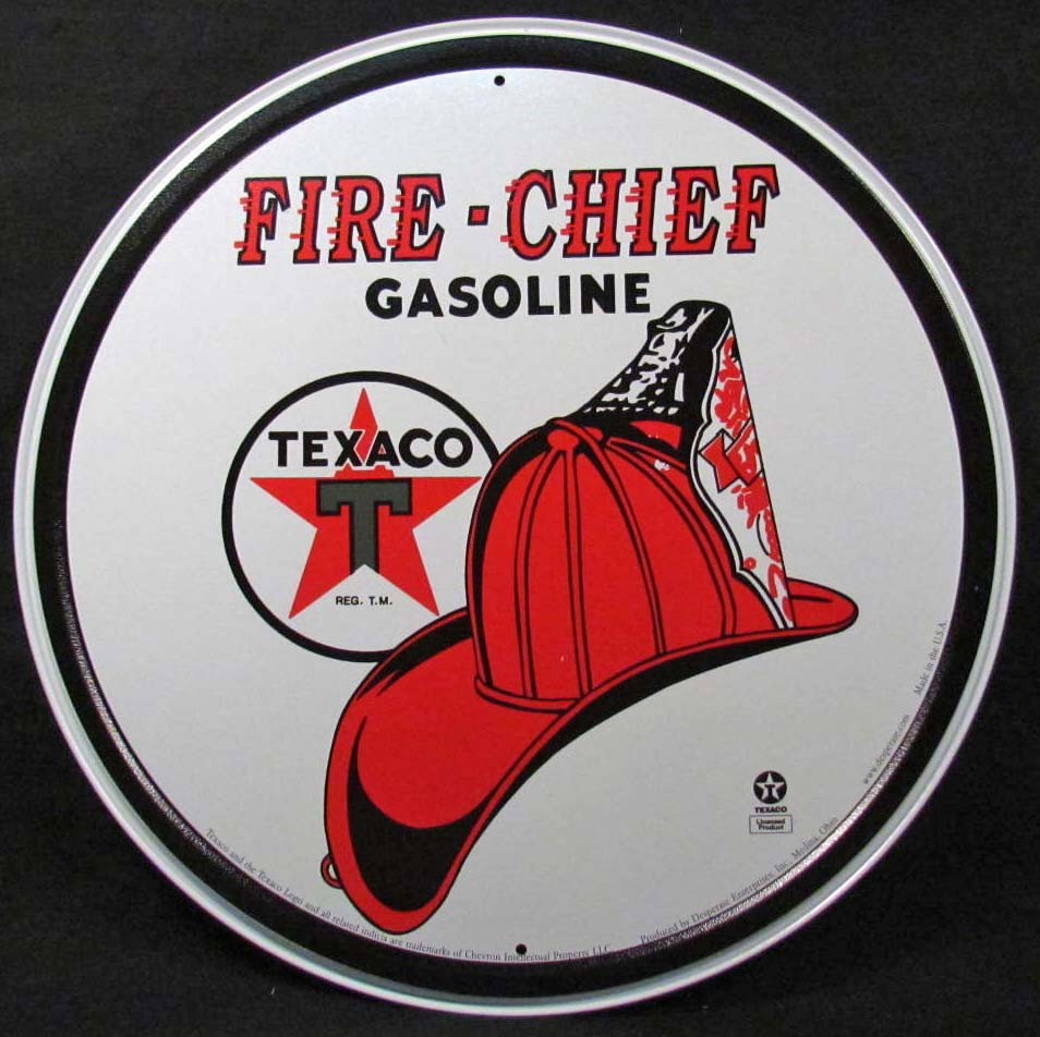 3496 - ROUND METAL ADVERTISING SIGN - TEXACO FIRE : w/fire hat