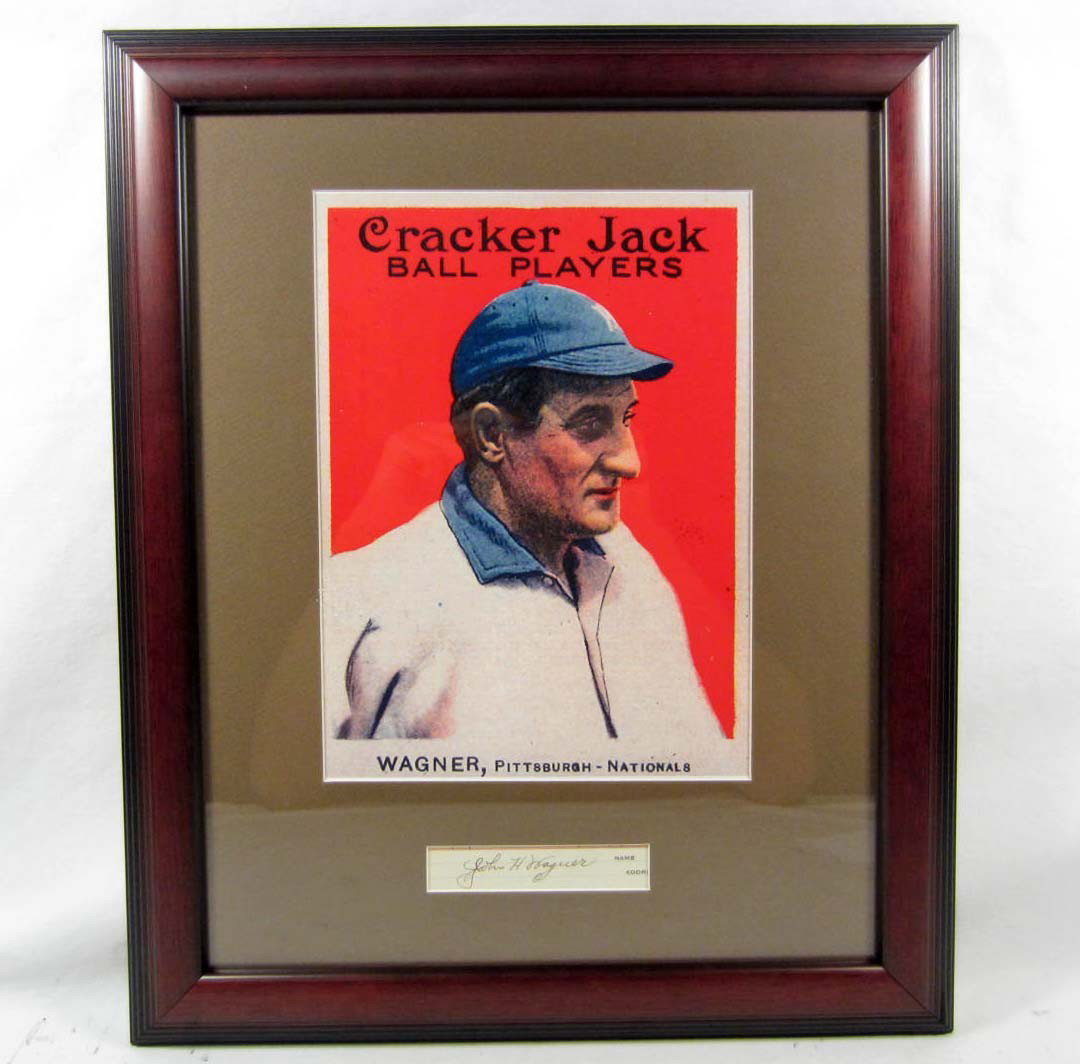 HONUS WAGNER CUT SIGNATURE W/ PICTURE - FRAMED W/ : Honus Wagner cut Signature is signed in black ink. Approx. 14" by 16". COA from Ace Autograph Certification.