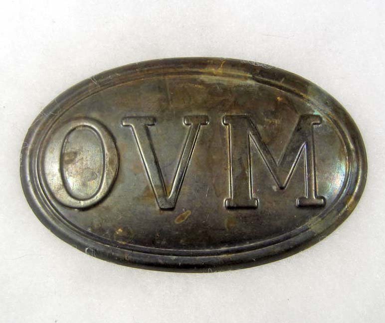 US CIVIL WAR UNION OHIO VOLUNTEER MILITIA OVM CARTR: Approx. 2 1/8" by 3 7/16". Stamped brass construction w/ a lead filled back. This was to be mounted on the leather cartridge box lid.