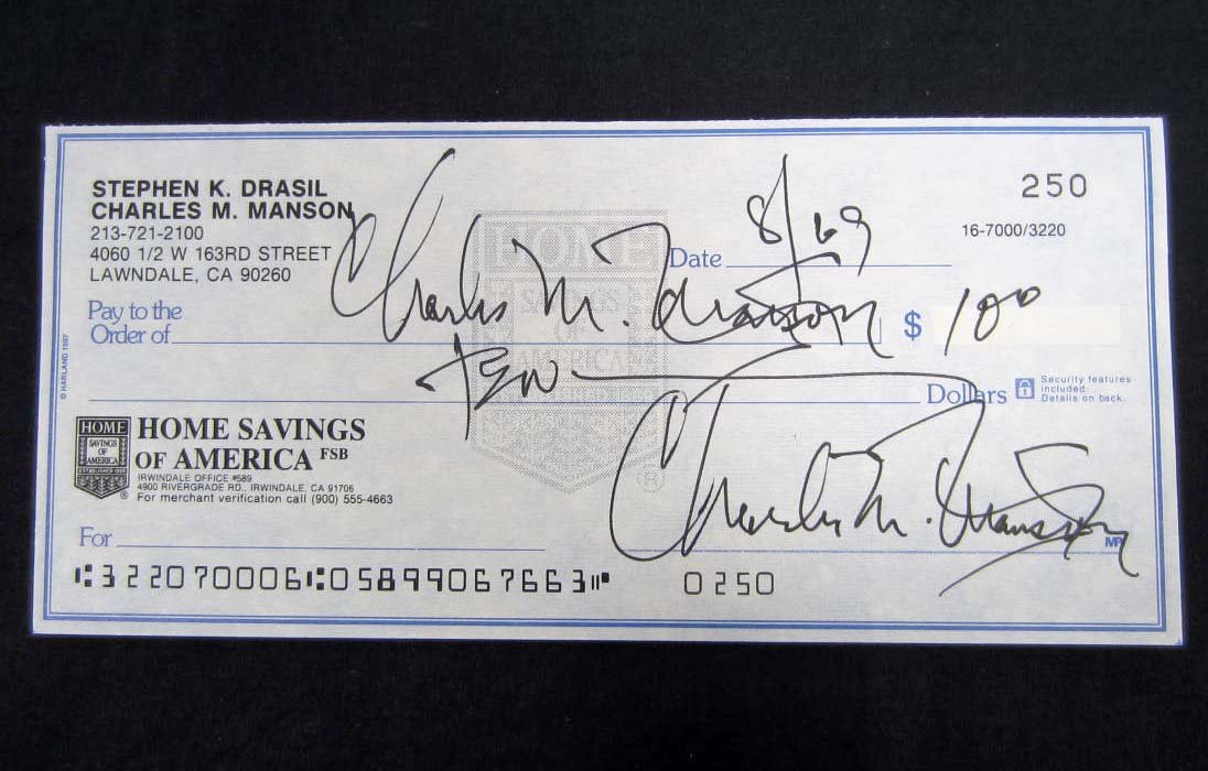 CHARLES MANSON SIGNED CHECK WITH COA FROM TODD MUL: from Charles Manson to himself