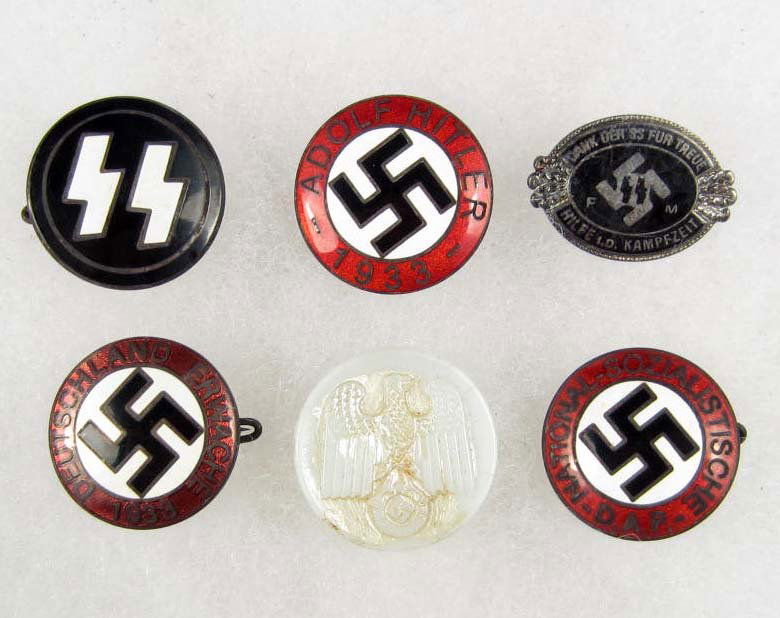 LOT OF 4 GERMAN NAZI ENAMELED PARTY BADGES: SS, NSDAP, Deutschland Erwache 1933, Adolf Hitler 1933. All are RZM maker marked. Pinback.