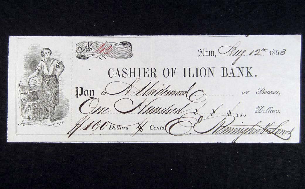 1853 CHECK SIGNED BY ELIPHALET REMINGTON W/ COA: Signed in black fountain ink. COA from Todd Mueller Autographs.