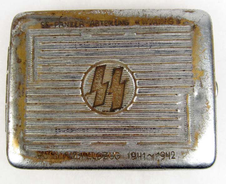 GERMAN NAZI SS PANZER ABEILUNG WIKING CIGARETTE CAS: Inscribed w/ names on the back.