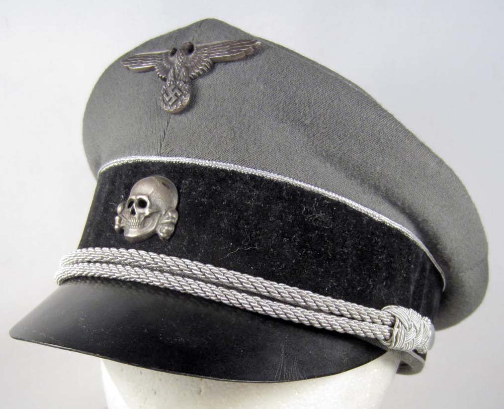 RARE GERMAN NAZI WAFFEN SS GENERALS VISOR CAP: The inside is maker marked Stirndruckfrei Deutsches Reichsopatent Kurt Schulx Pirna Stettiner Strasse. has a green whip cord body w/ a black velvet band. Attached to the front is a metal SS eagle and 