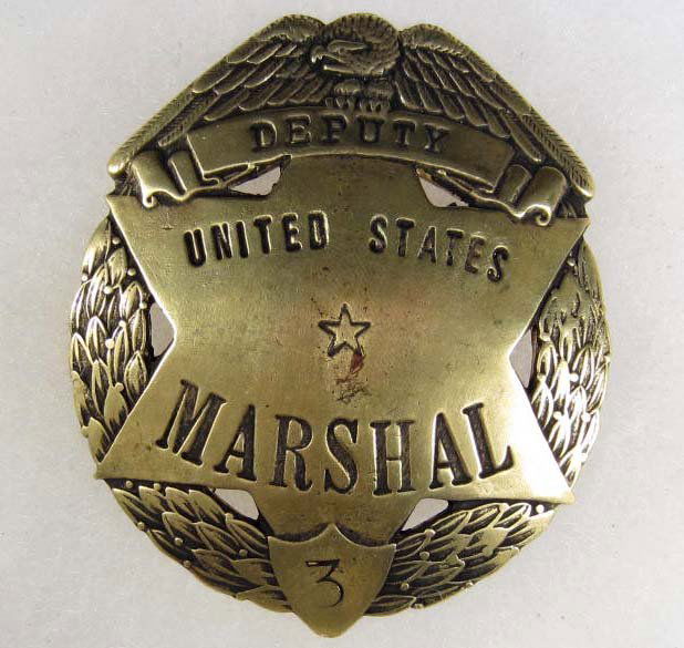OLD WEST UNITED STATES DEPUTY MARSHAL #3 COWBOY ER: Approx. 2 1/8" by 2 1/2". Pinback. This is an eagle top badge w/ a cut out six pointed star in a wreath below. Brass construction.