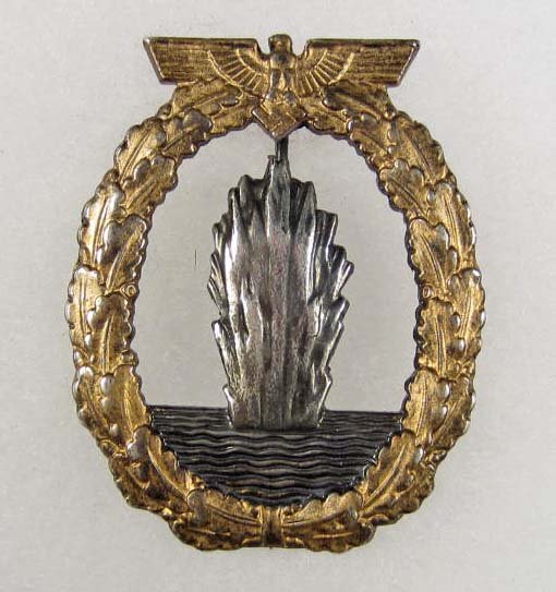 GERMAN NAZI NAVAL MINESWEEPER BADGE: Maker marked Fec Otto Placzek Berlin Ausf Schwerin Berlin. Pinback. Nickel