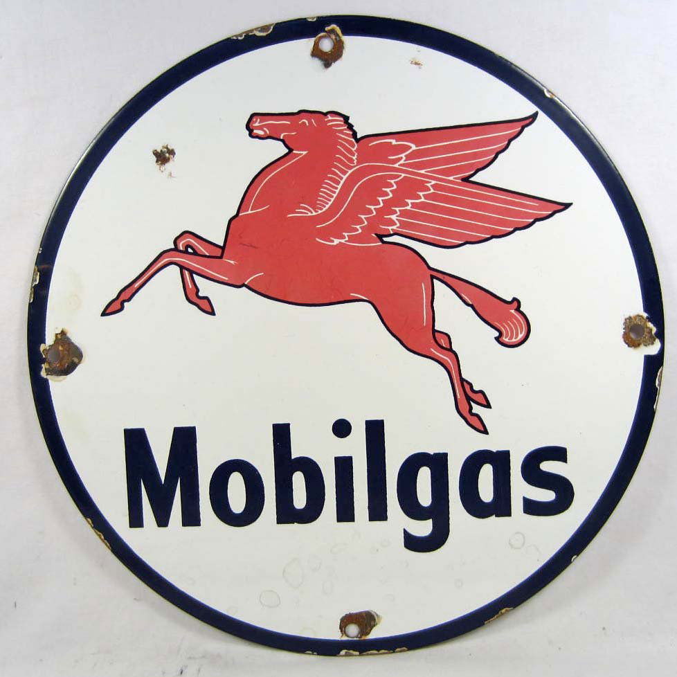 MOBILE GAS ADVERTISING PORCELAIN SIGN: Approx. 11.75" diameter. Front shows the red flying horse w/ Mobilgas below. Four mounting holes show wear and chipping. Reverse side is smooth white porcelain.