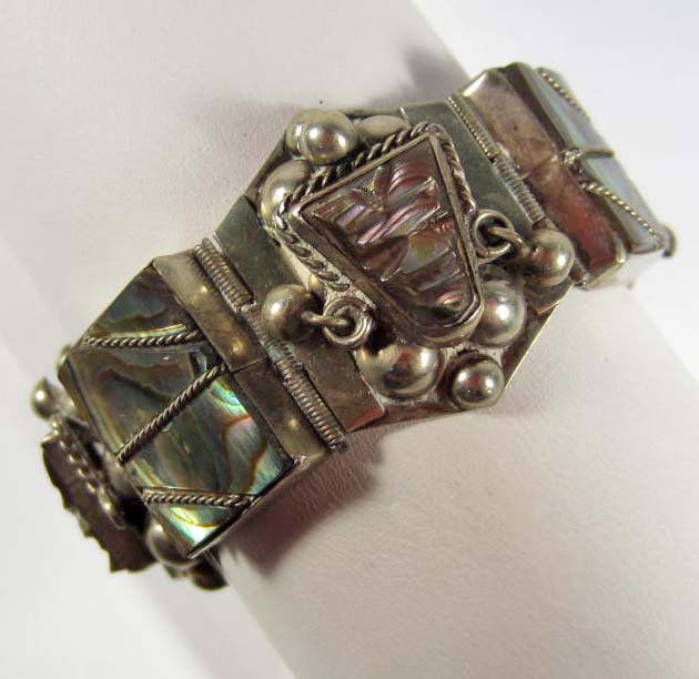 VINTAGE STERLING SILVER AND ABALONE PANEL BRACELET