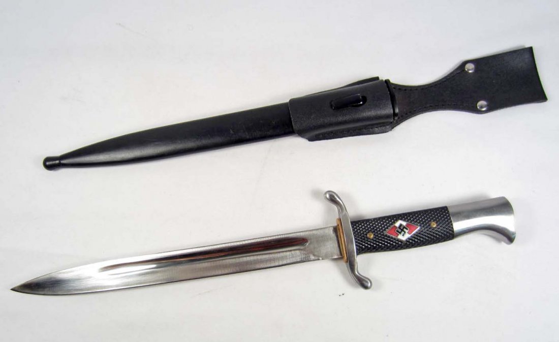 GERMAN NAZI HITLER YOUTH HJ COMBAT BAYONET W/ SCABB: Approx. 15 7/8" long overall. Includes the black leather belt frog Has a nickel handle w/ a steel blade.