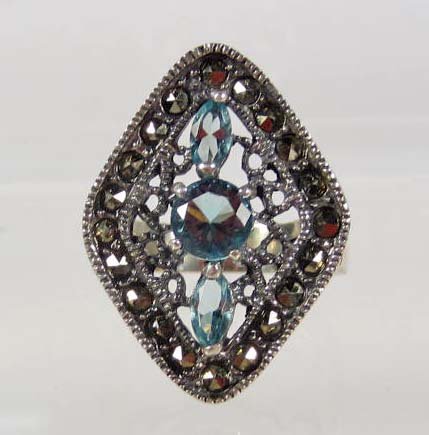 STERLING SILVER LADIES BLUE TOPAZ AND MARCASITE RI