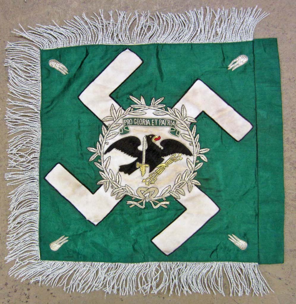 GERMAN NAZI LUFTWAFFE HERMANN GORING REGIMENTAL BA: Approx. 22" by 23". Single sided. Has a white cotton swastika in the center. Silver and gold bullion embroidered wire construction on a green silk background. Excellent for display.