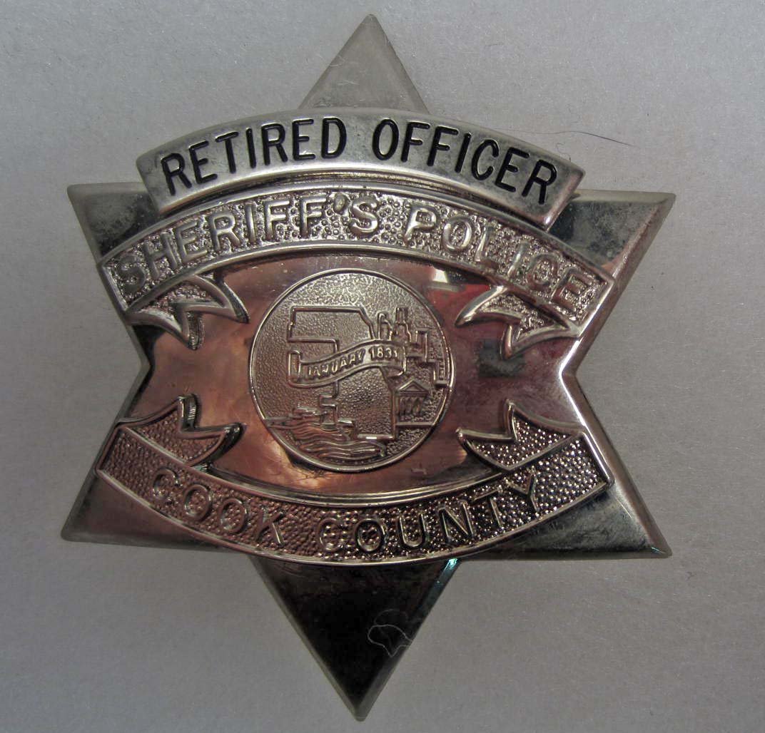 COOK COUNTY ILLINOIS SHERIFFS POLICE RETIRED OFFIC: Approx. 3" diameter. Maker marked Blackinton Pinback. Five piece nickel construction. This is a six pointed star.