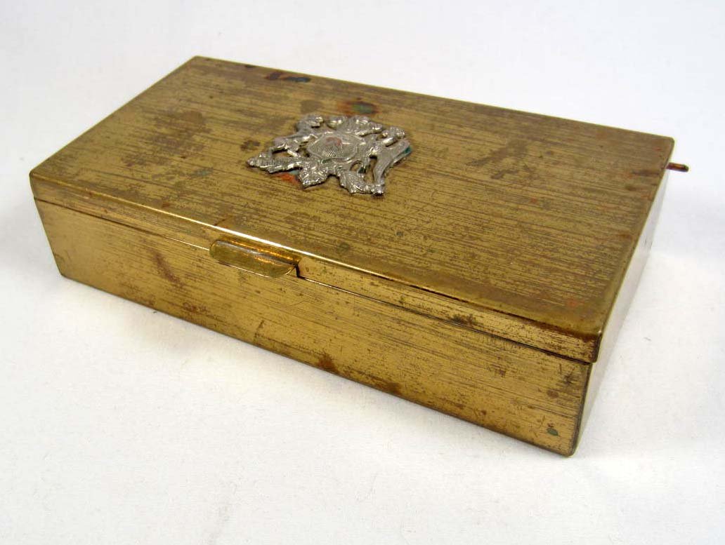 VINTAGE BRASS CIGAR BOX W/ COAT OF ARMS OF CHILE ON: Approx. 6.25" by 3.5" by 1.5"