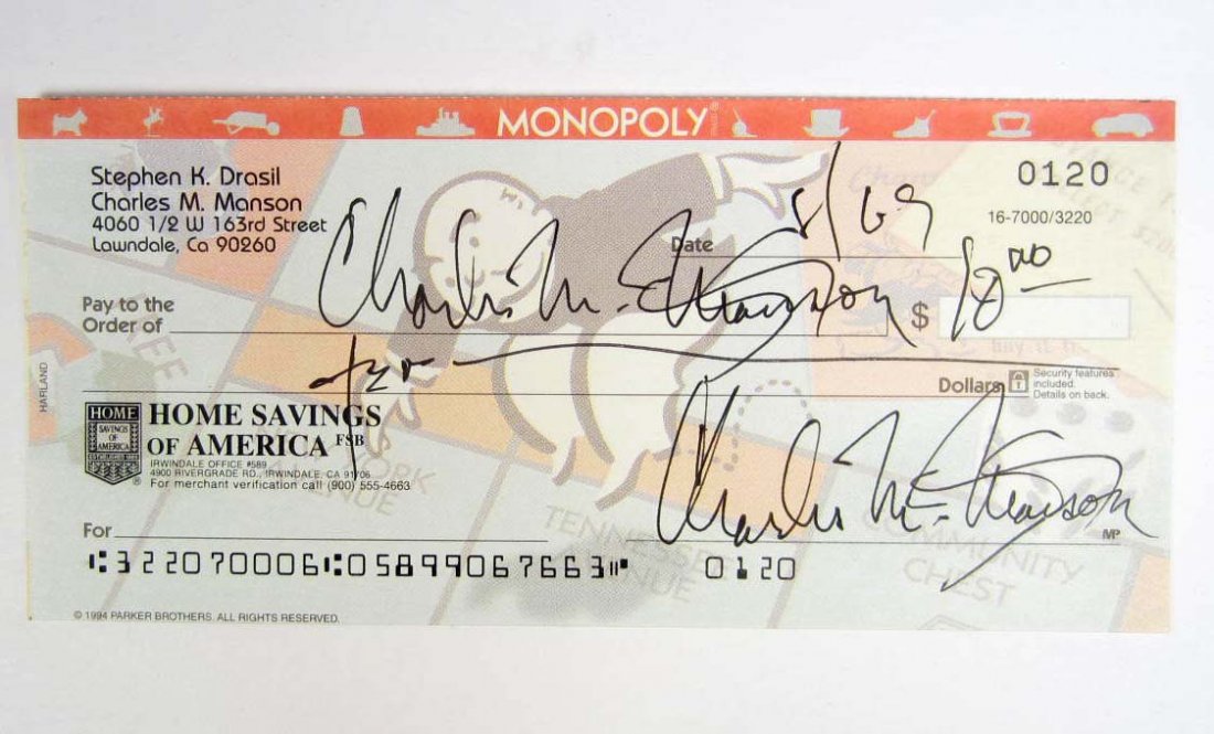 CHARLES MANSON SIGNED CHECK: Monopoly Check written out to Charles Manson and Signed by Charles Manson - 2 signatures of Charles Manson on this check. COA is a copy from Todd Mueller Autographs