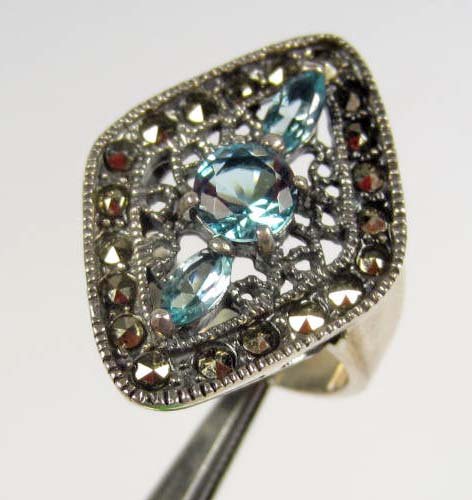 STERLING SILVER LADIES BLUE TOPAZ AND MARCASITE RI