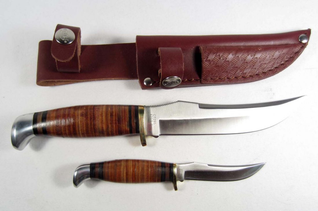 COLT 2 PC. PIGGYBACK KNIFE SET W/ STACKED LEATHER : Longest knife is approx. 10.5" long overall.