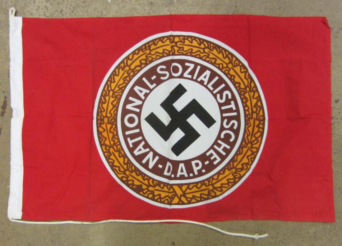 GERMAN NAZI NSDAP NATIONAL SOCIALIST RALLY FLAG: Approx. 23 3/8" by 36 5/8". Has a white cotton bunting w/ a rope on one end. Printed cotton construction.