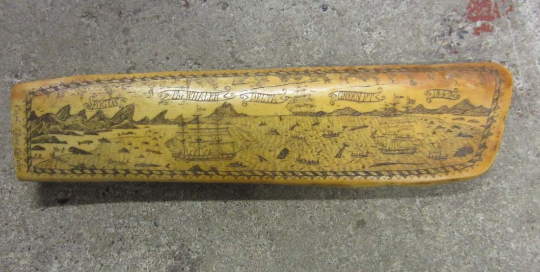 1842 SCRIMSHAW ON WHALE BONE - SIGNED JOSEPH BOYD : Amazing Scrimshaw on this Whale Bone. The Whaler Delta off Green Point 1842 by Capt. Thos. Calder. Approx. 17" by 5"