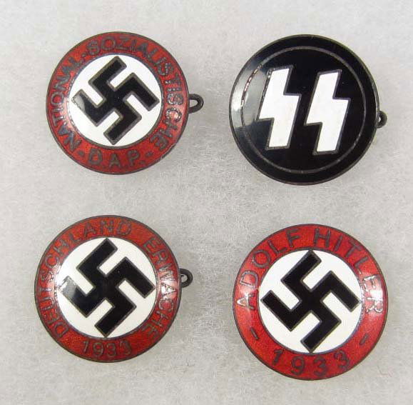 LOT OF 4 GERMAN NAZI ENAMELED PARTY BADGES: Adolf Hitler, Deuschland Erwache, National Sozialistische DAP, SS. Each 1" diameter. All are RZM & maker marked. Nickel and enamel