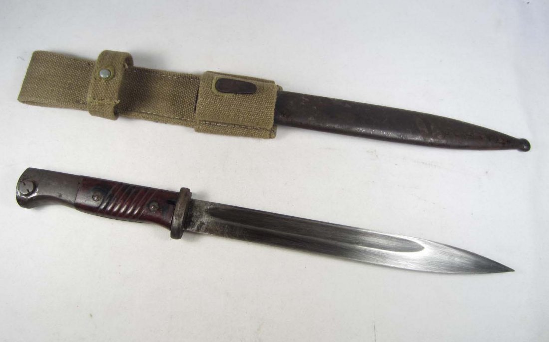 GERMAN NAZI DEUTSCHES AFRIKA KORPS DAK MAUSER K-8 : Approx. 16 1/8" long overall. Includes an OD green canvas belt frog. has a steel handle - blade and scabbard w/ a pair of bakelite handles