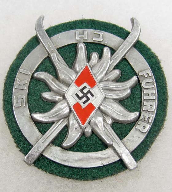 GERMAN NAZI HJ SKI FUHRER BADGE W/ GREEN WOOL BACK