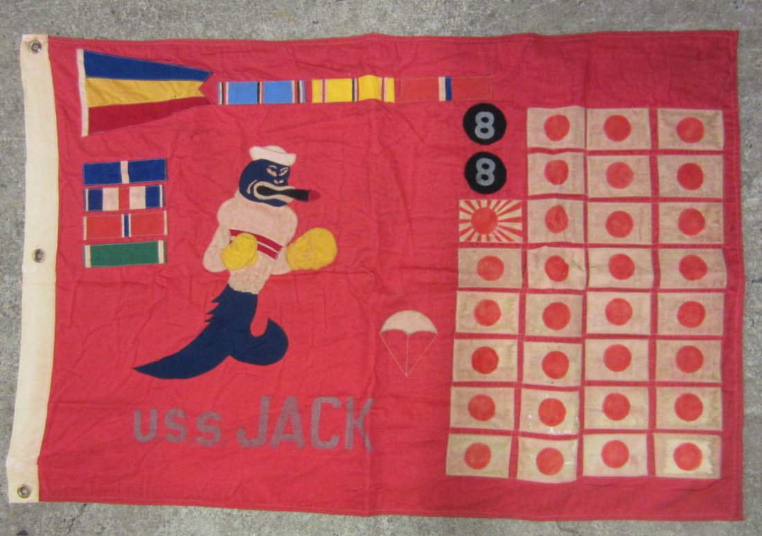 USN NAVAL USS JACK SUBMARINE KILL FLAG: Approx. 27" by 41 1/8". Multi piece machine sewn cotton construction. Has three brass grommets on the bunting to secure for display.